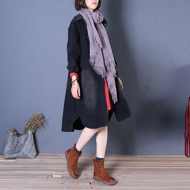 top quality denim black overcoat Loose fitting mid-length coats fall lapel Large pockets - Omychic