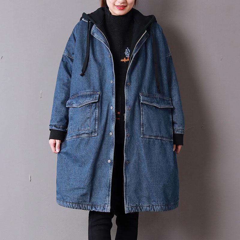 top quality denim blue womens plus size clothing hooded winter jacket thick pockets zippered winter outwear - Omychic