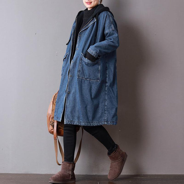 top quality denim blue womens plus size clothing hooded winter jacket thick pockets zippered winter outwear - Omychic