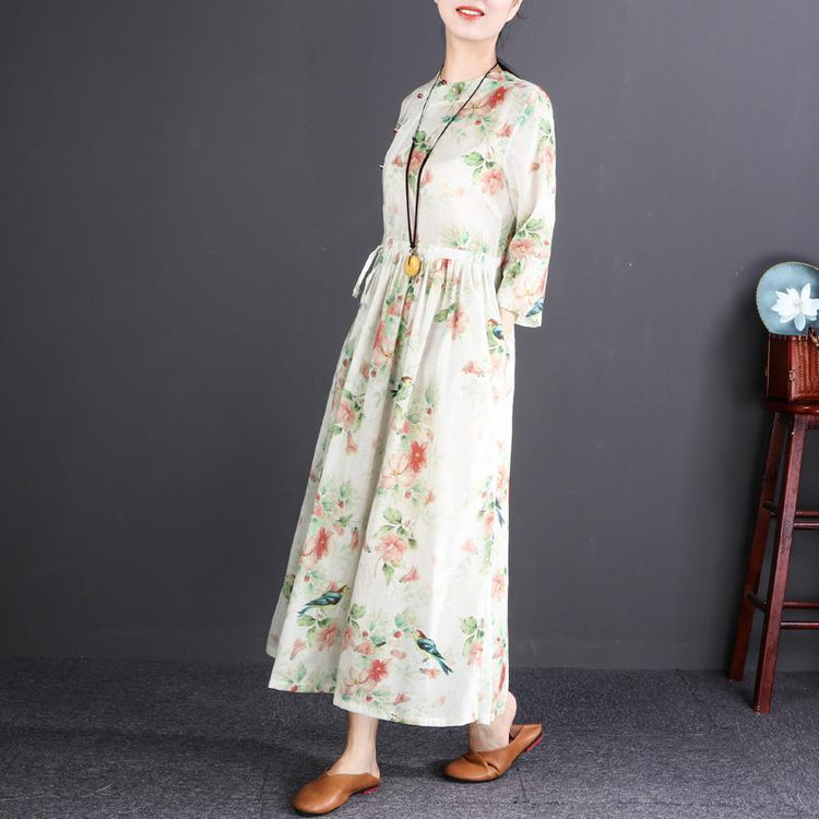 top quality floral linen maxi dress oversized O neck tie waist caftans top quality long sleeve large hem maxi dresses - Omychic