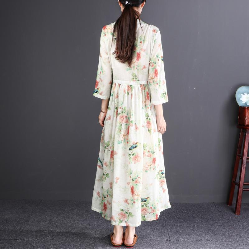top quality floral linen maxi dress oversized O neck tie waist caftans top quality long sleeve large hem maxi dresses - Omychic