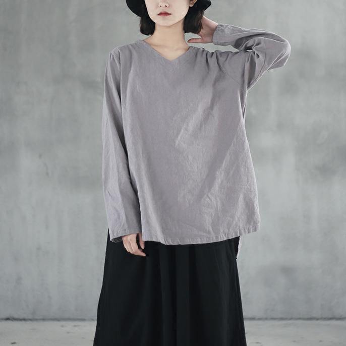 top quality gray  natural linen t shirt casual traveling blouse Fine side open v neck cotton clothing - Omychic