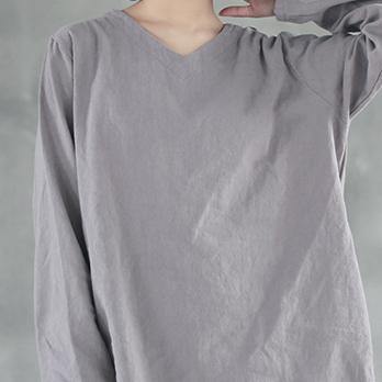 top quality gray  natural linen t shirt casual traveling blouse Fine side open v neck cotton clothing - Omychic