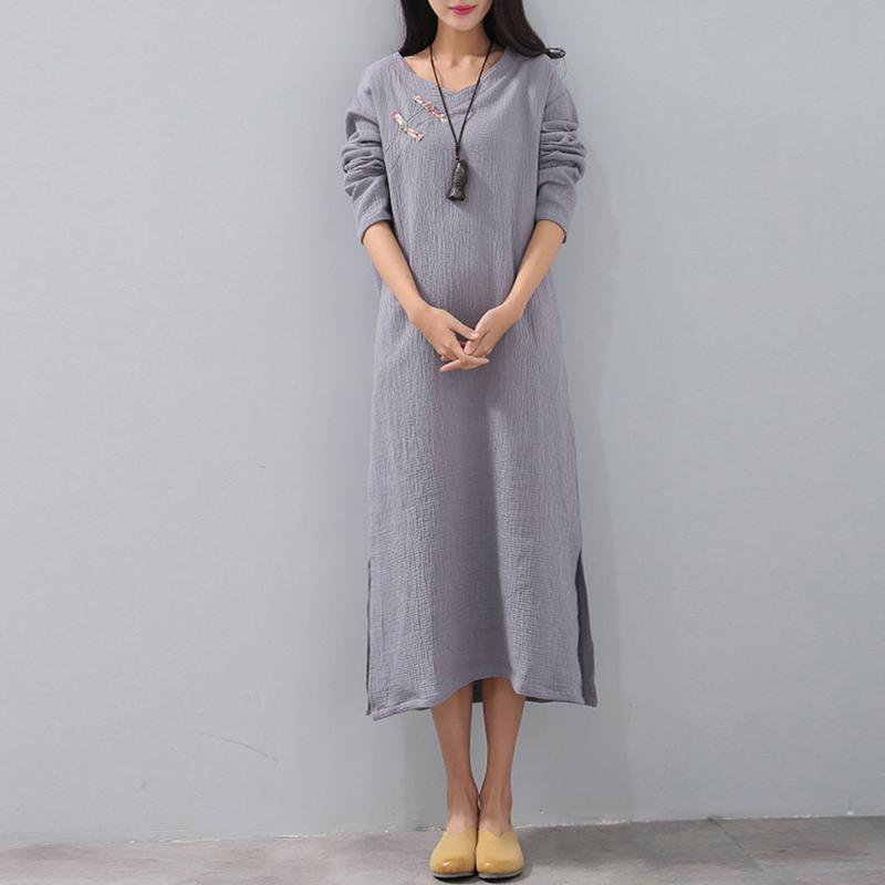 top quality gray 2018 fall dress casual v neck side open long sleeve pockets gown - Omychic