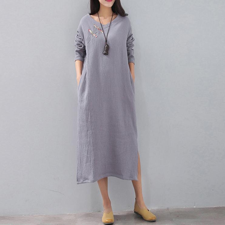 top quality gray 2018 fall dress casual v neck side open long sleeve pockets gown - Omychic