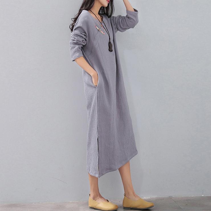 top quality gray 2018 fall dress casual v neck side open long sleeve pockets gown - Omychic