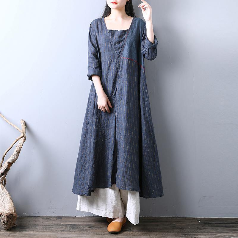 top quality gray blue striped linen caftans plus size long sleeve linen gown Fine big hem maxi dresses - Omychic