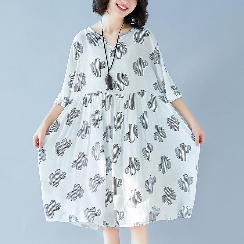 top quality gray print cotton linen dresses Loose fitting women half sleeve baggy dresses v neck cotton linen clothing dress - Omychic