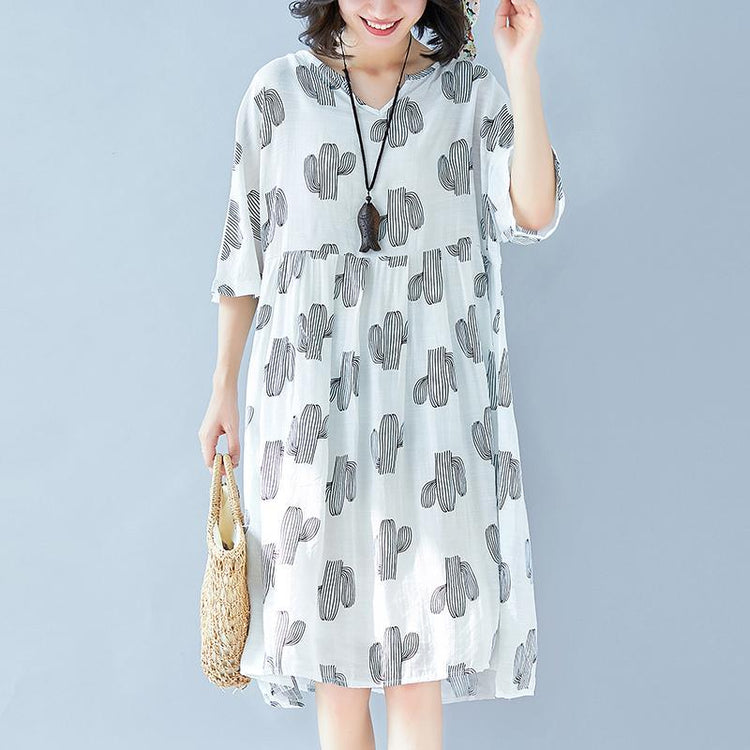 top quality gray print cotton linen dresses Loose fitting women half sleeve baggy dresses v neck cotton linen clothing dress - Omychic