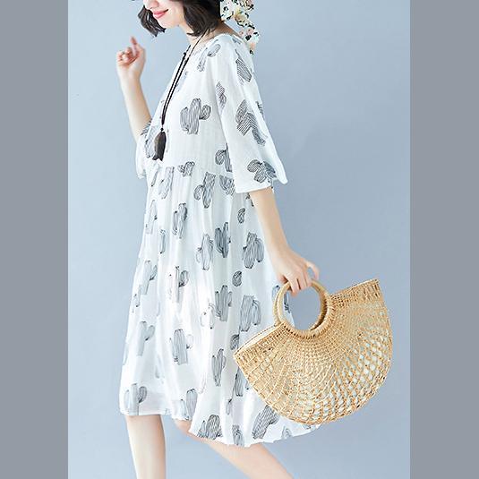 top quality gray print cotton linen dresses Loose fitting women half sleeve baggy dresses v neck cotton linen clothing dress - Omychic