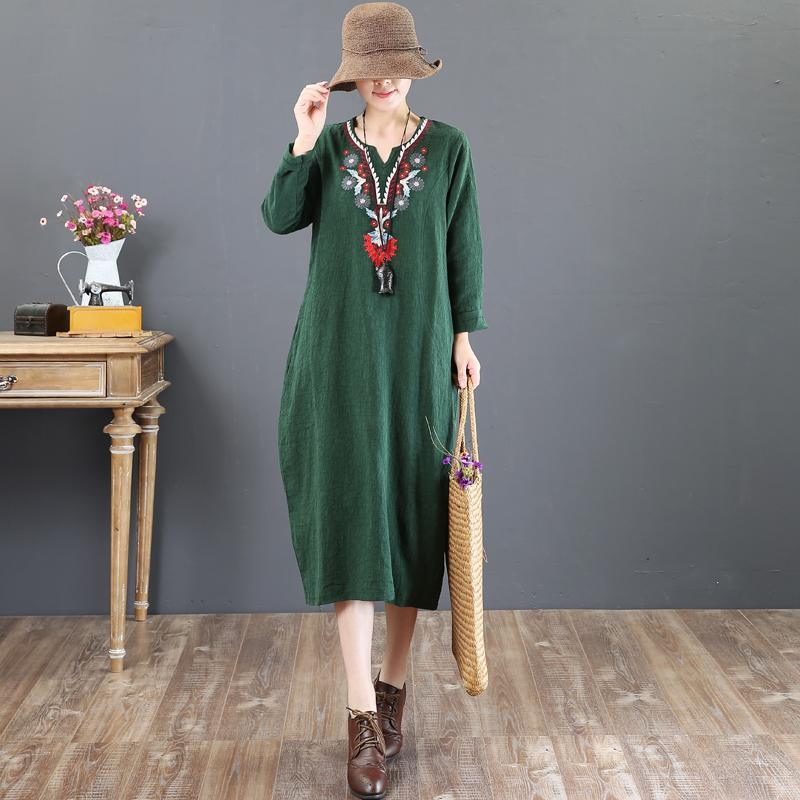 top quality green 2018 fall dress Loose fitting linen maxi dress v neck vintage embroidery cotton clothing - Omychic