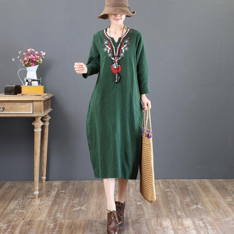 top quality green 2018 fall dress Loose fitting linen maxi dress v neck vintage embroidery cotton clothing - Omychic