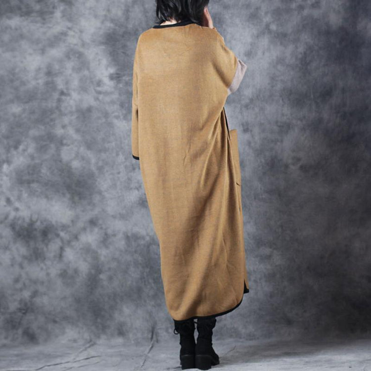 top quality khaki Wool Coat casual o neck pockets Fashion patchwork side open long coats - Omychic