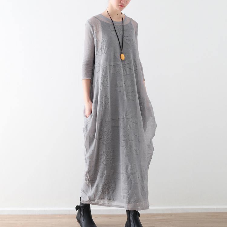top quality light gray long cotton linen dresses oversize O neck Jacquard traveling clothing casual two-pieces kaftans - Omychic