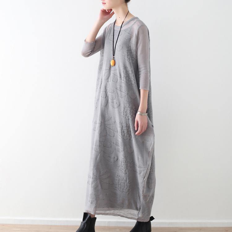 top quality light gray long cotton linen dresses oversize O neck Jacquard traveling clothing casual two-pieces kaftans - Omychic