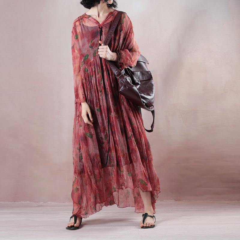 top quality light red silk dress gown print wrinkled drawstring maxi dress - Omychic