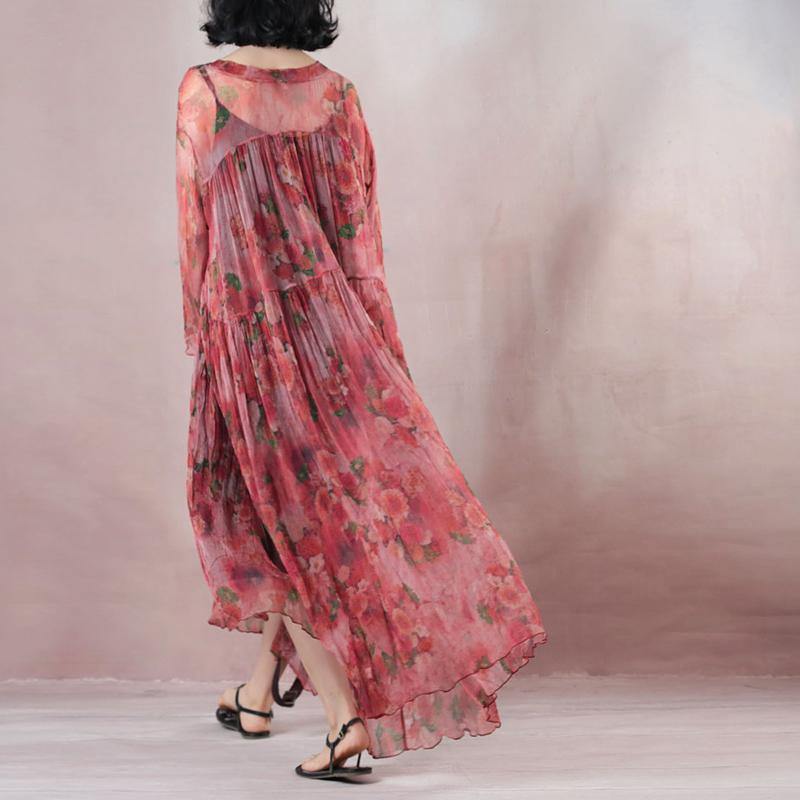 top quality light red silk dress gown print wrinkled drawstring maxi dress - Omychic