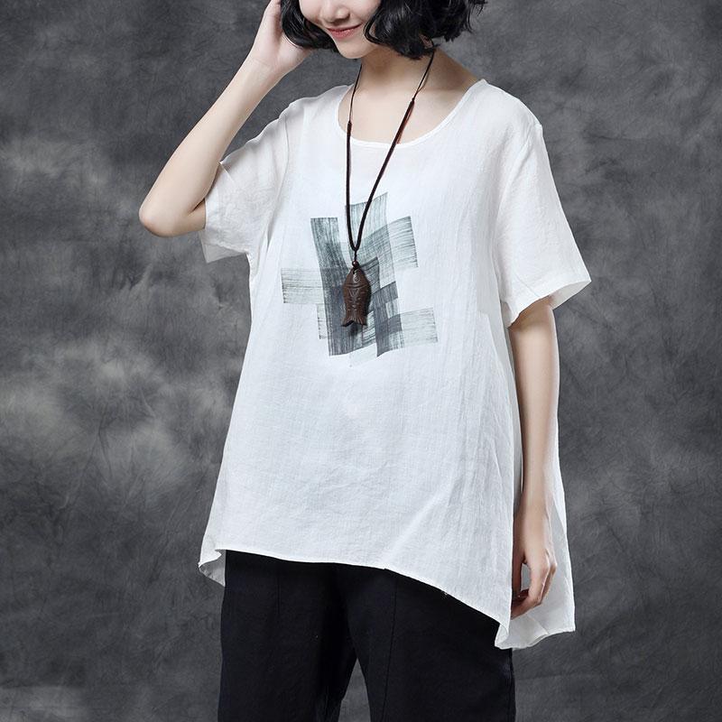 top quality linen blouse Loose fitting Women Short Sleeve White Summer Casual High-low Hem Tops - Omychic