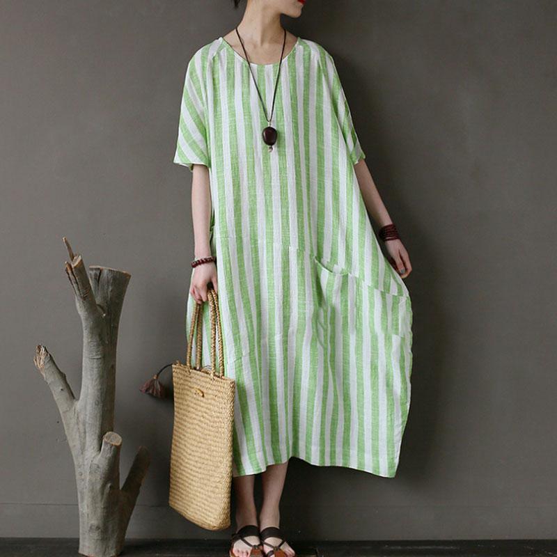 top quality linen cotton sundress trendy plus size Retro Loose Round Neck Short Sleeve Green Stripe Dress - Omychic