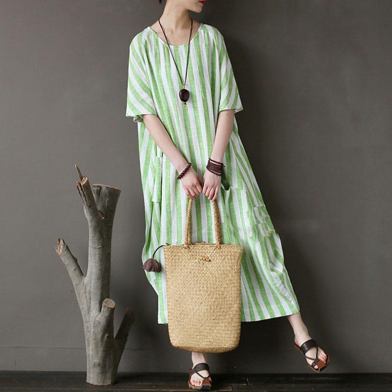 top quality linen cotton sundress trendy plus size Retro Loose Round Neck Short Sleeve Green Stripe Dress - Omychic