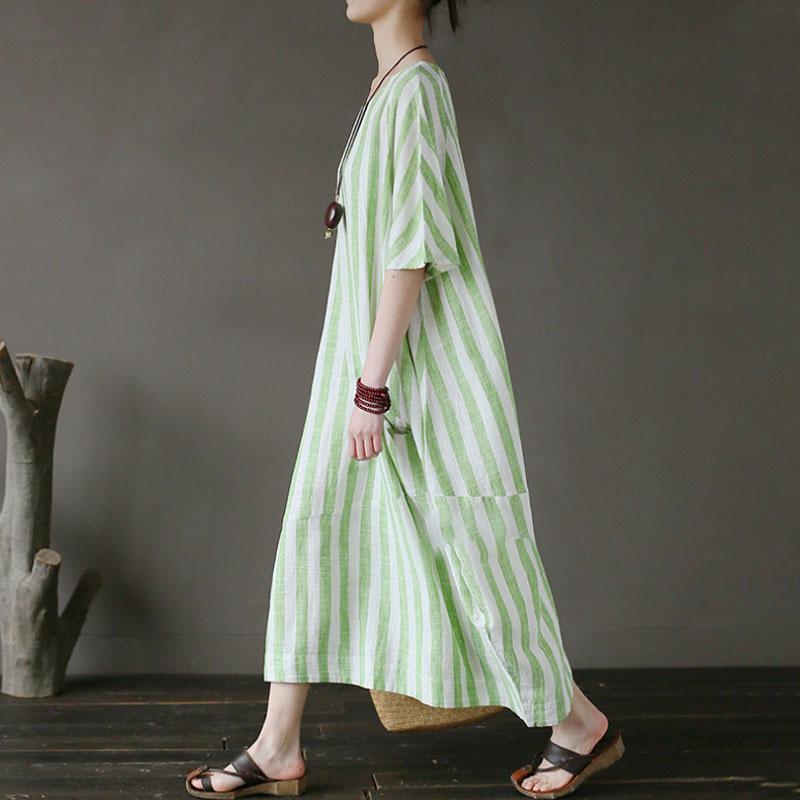 top quality linen cotton sundress trendy plus size Retro Loose Round Neck Short Sleeve Green Stripe Dress - Omychic