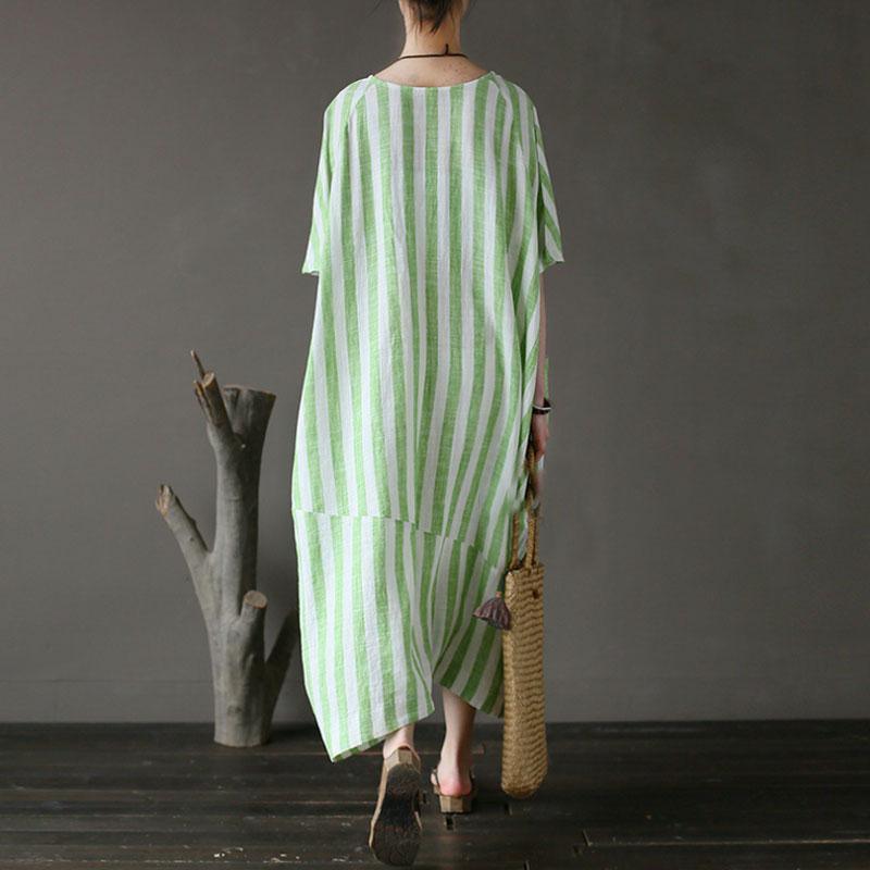 top quality linen cotton sundress trendy plus size Retro Loose Round Neck Short Sleeve Green Stripe Dress - Omychic