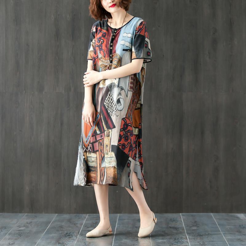 Top Quality Linen Maxi Dress Plus Size Clothing Round Neck Short Sleeve Ethnic Printed Dress - Omychic