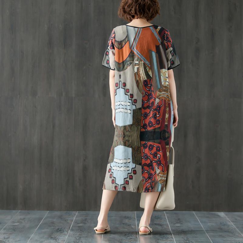 Top Quality Linen Maxi Dress Plus Size Clothing Round Neck Short Sleeve Ethnic Printed Dress - Omychic