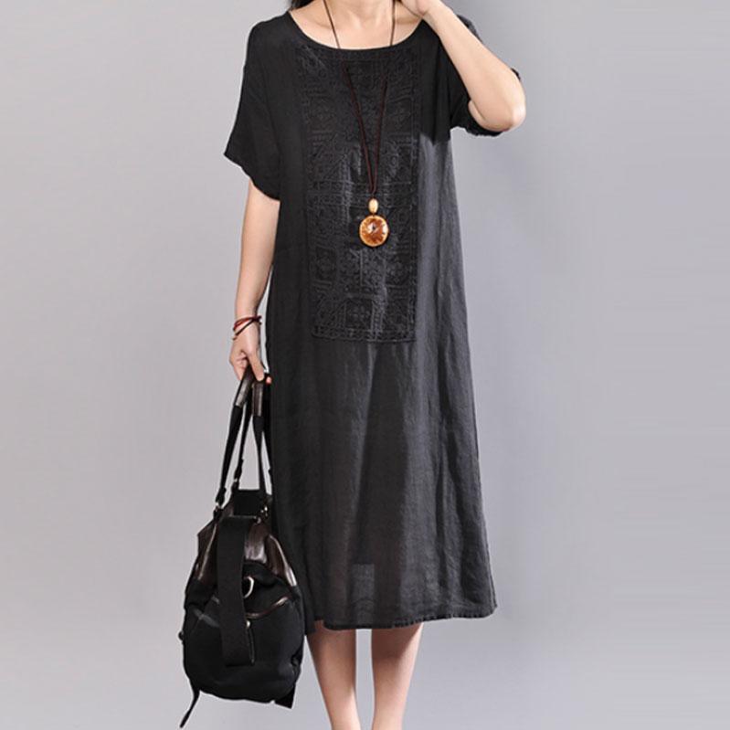 top quality linen shift dresses oversize Women Short Sleeve Embroidery Pure Color Flax Dress - Omychic