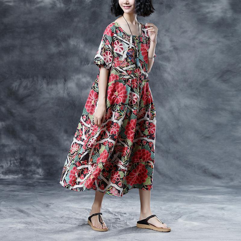 top quality linen summer dress oversized Floral Summer Short Sleeve Casual Round Neck Long Dress - Omychic