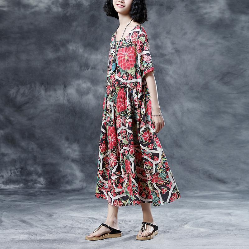 top quality linen summer dress oversized Floral Summer Short Sleeve Casual Round Neck Long Dress - Omychic