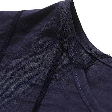top quality linen summer top plus size V Neck Short Sleeve Stripe Summer Navy Blue T Shirt - Omychic