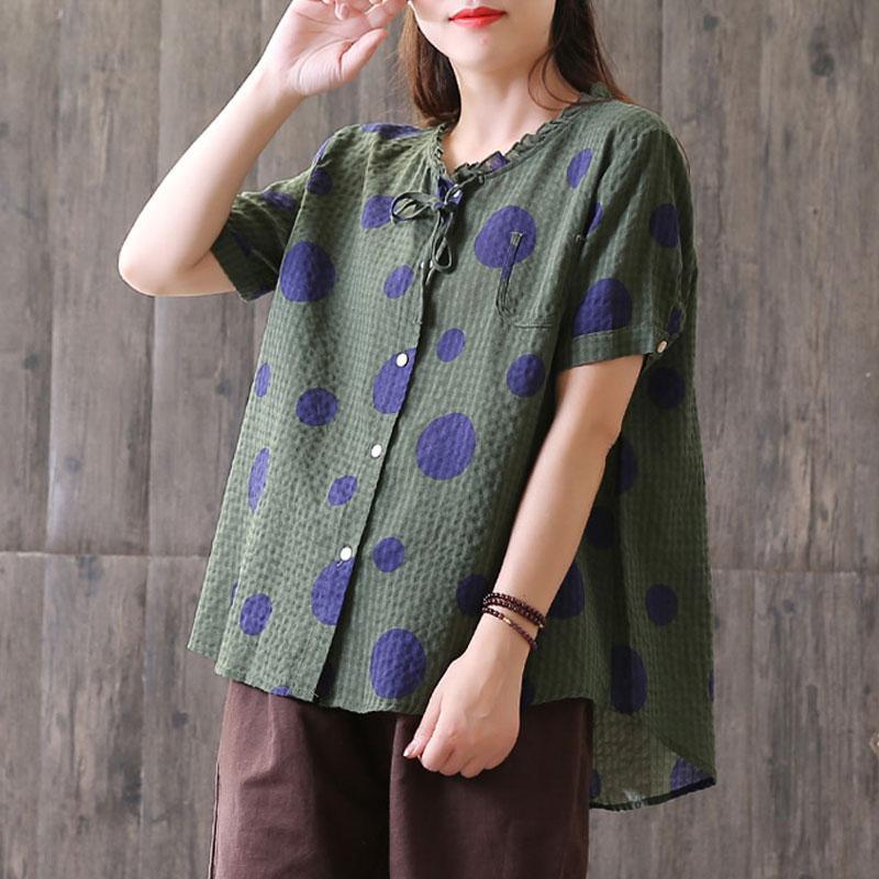 top quality linen tops plus size Summer Short Sleeve Dots High-low Hem Green Blouse - Omychic