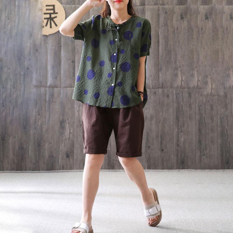 top quality linen tops plus size Summer Short Sleeve Dots High-low Hem Green Blouse - Omychic