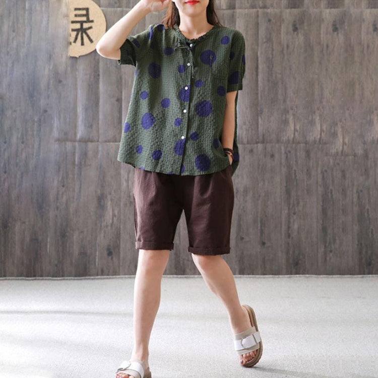 top quality linen tops plus size Summer Short Sleeve Dots High-low Hem Green Blouse - Omychic