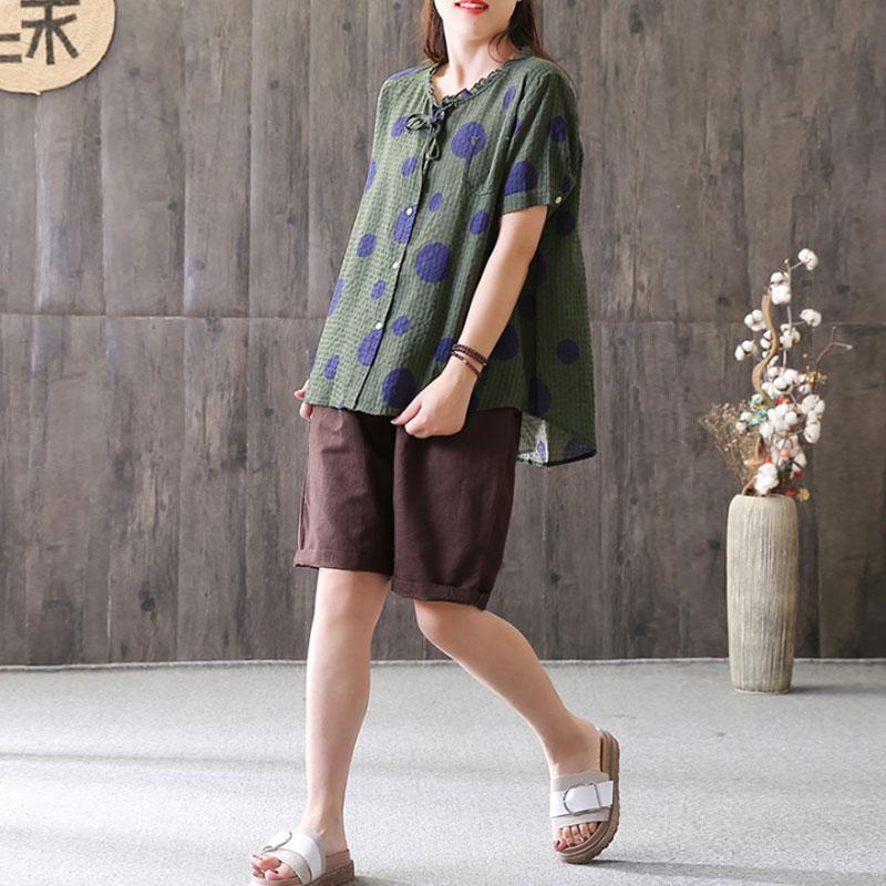 top quality linen tops plus size Summer Short Sleeve Dots High-low Hem Green Blouse - Omychic