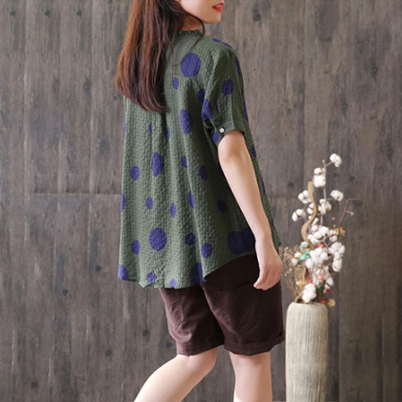 top quality linen tops plus size Summer Short Sleeve Dots High-low Hem Green Blouse - Omychic