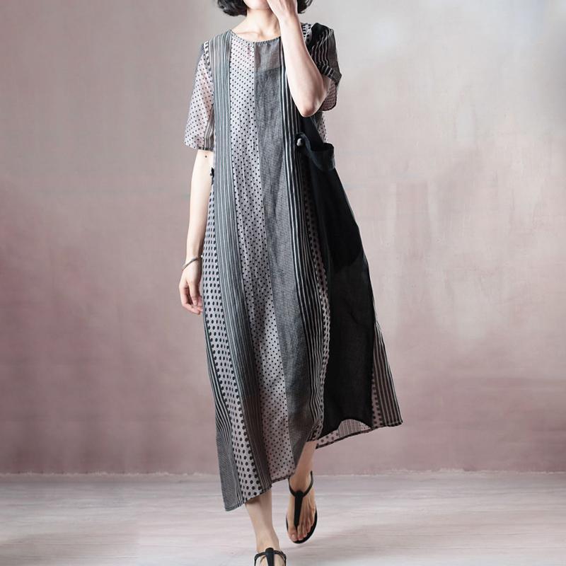 top quality natural silk linen dress stylish Loose Silky Linen Short Sleeve Dot Summer Long Casual Dress - Omychic