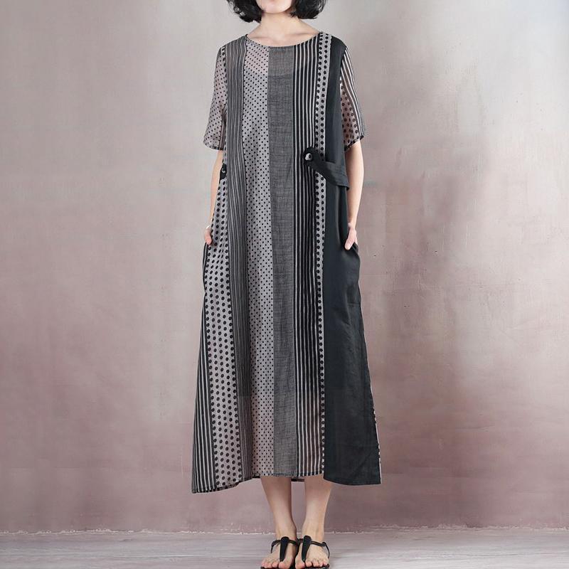 top quality natural silk linen dress stylish Loose Silky Linen Short Sleeve Dot Summer Long Casual Dress - Omychic