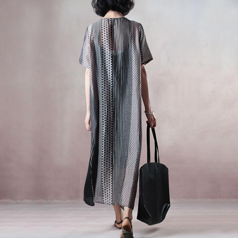 top quality natural silk linen dress stylish Loose Silky Linen Short Sleeve Dot Summer Long Casual Dress - Omychic