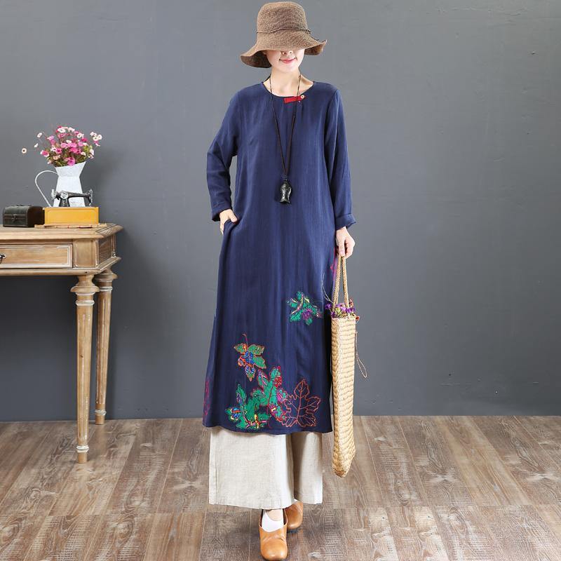 top quality navy prints linen dresses plus size traveling dress embroidery vintage o neck natural linen dress - Omychic