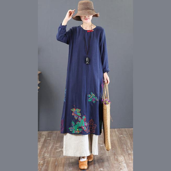 top quality navy prints linen dresses plus size traveling dress embroidery vintage o neck natural linen dress - Omychic