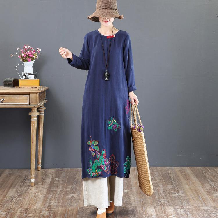 top quality navy prints linen dresses plus size traveling dress embroidery vintage o neck natural linen dress - Omychic