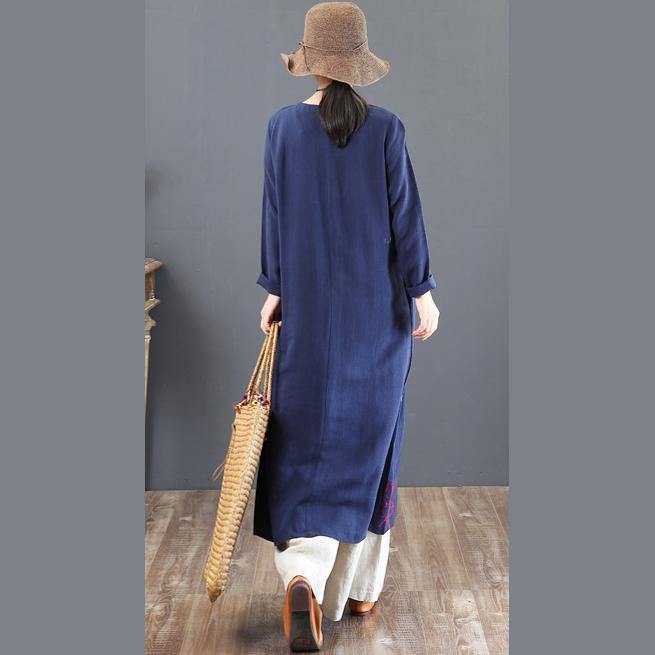 top quality navy prints linen dresses plus size traveling dress embroidery vintage o neck natural linen dress - Omychic