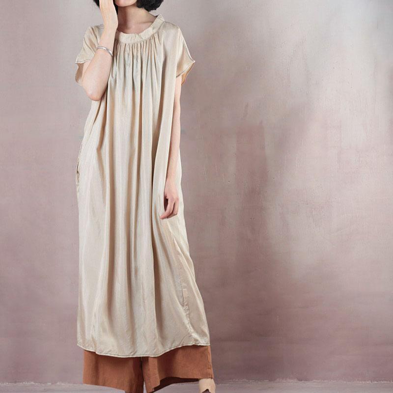 top quality nude long silk dress plus size o neck baggy dresses silk gown vintage short sleeve gown - Omychic