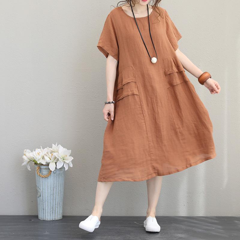 top quality orange linen dress plus size o neck linen maxi dress women short sleeve patchwork dress - Omychic