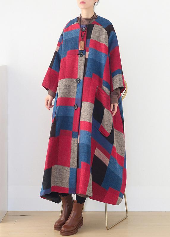 top quality oversized maxi coat winter cashmere Coatred plaid fashion woolen outwear - Omychic