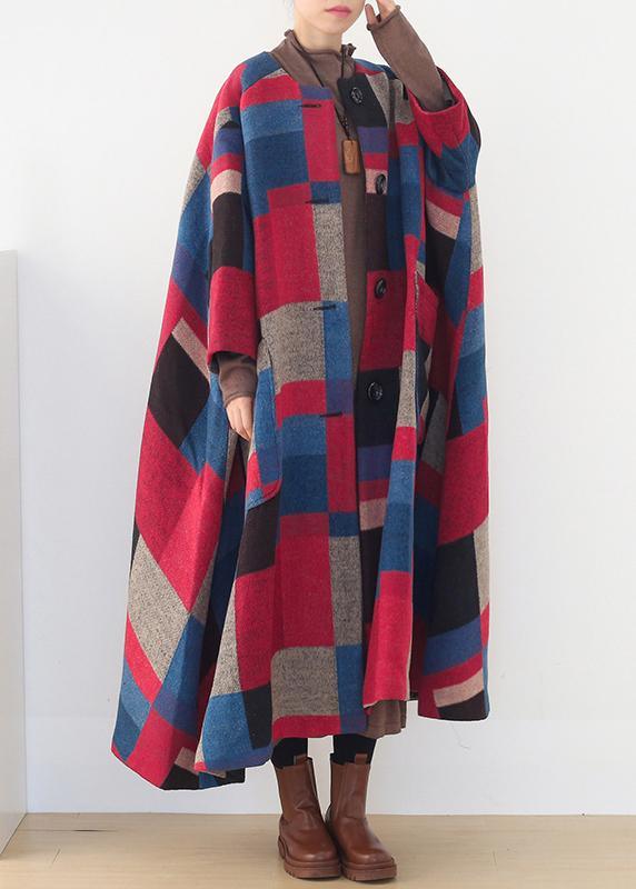 top quality oversized maxi coat winter cashmere Coatred plaid fashion woolen outwear - Omychic