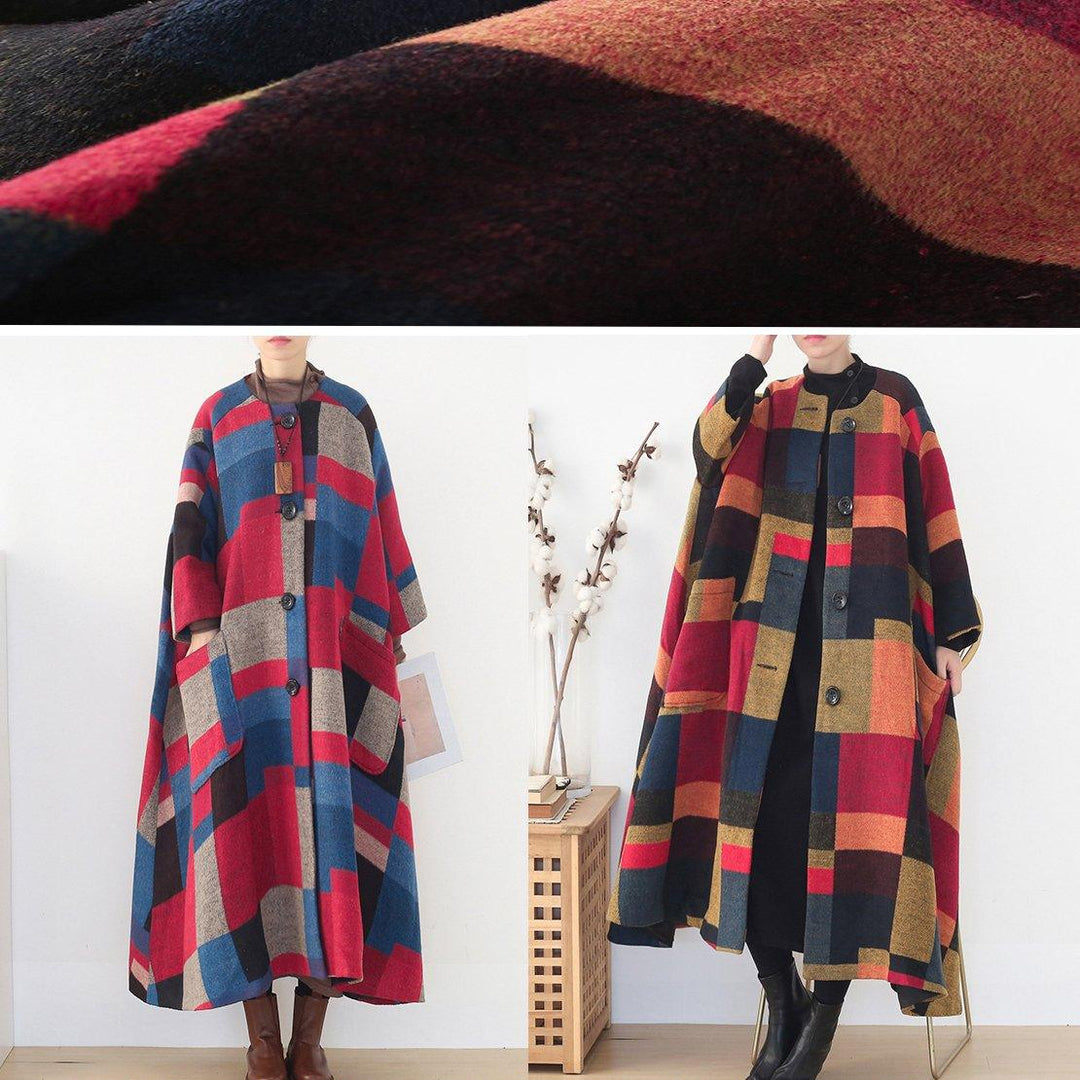 top quality oversized maxi coat winter cashmere Coatred plaid fashion woolen outwear - Omychic