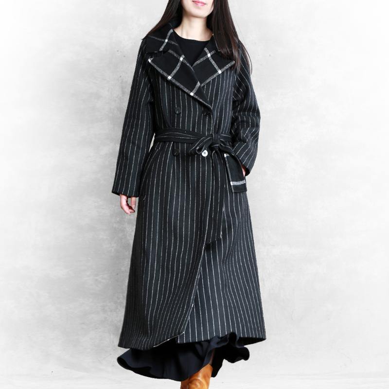 top quality oversized trench coat black striped Notched patchwork wool coat - Omychic